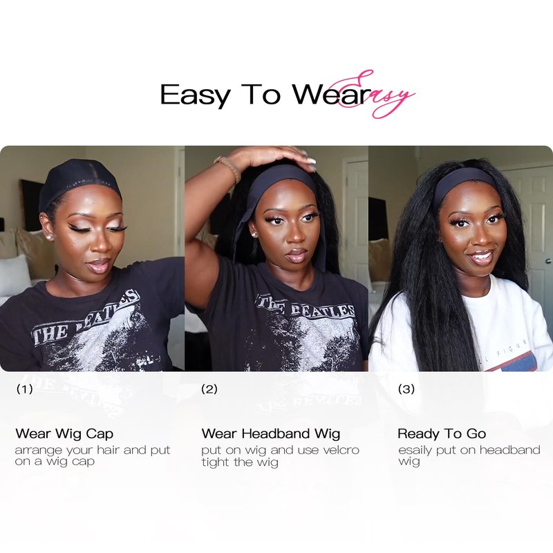 Woman's Romance Headband Wig For Black Women Kinky Straight Headband Wig Human Hair 180% Density Yaki Straight Headband Wigs Wear and Go Glueless Wig Human Hair Machine Made Natural Black (16in)