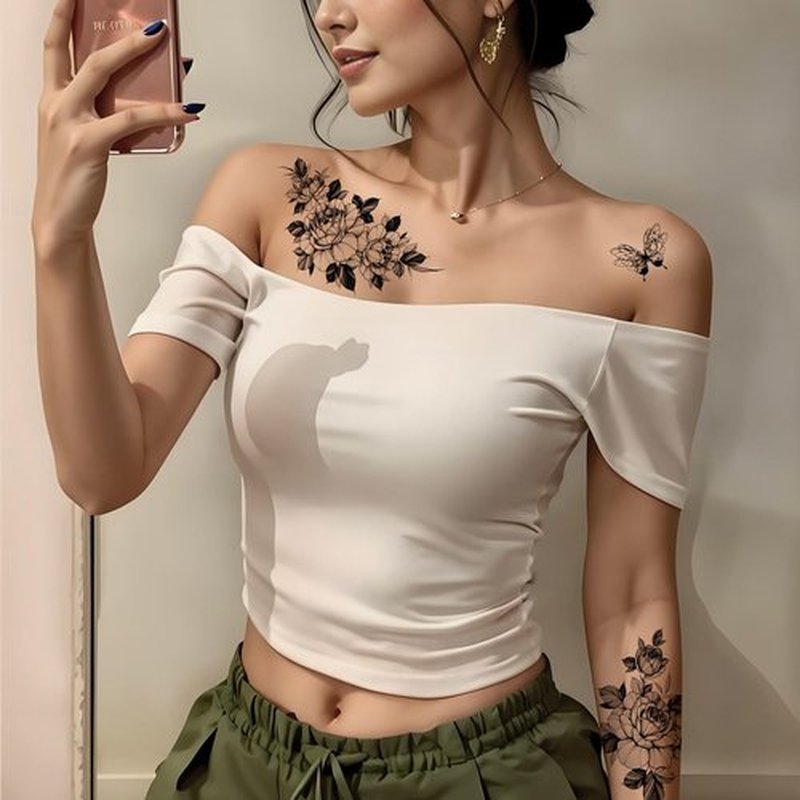 Realistic and long-lasting temporary tattoos,Black Floral Temporary Tattoos for women sleeves Large Rose Designs, 10 Sheets