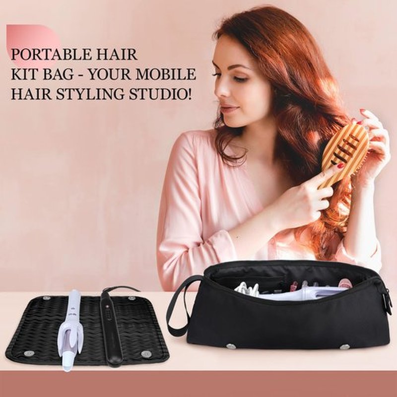 Dadanism Hot Hair Tools Travel Bag with Heat Resistant Mat Removable, Hair Accessories Organizer Case, Women Travel Essentials, Storage Pouch for Curling Iron Straightener Flat Iron HairDryer, Black