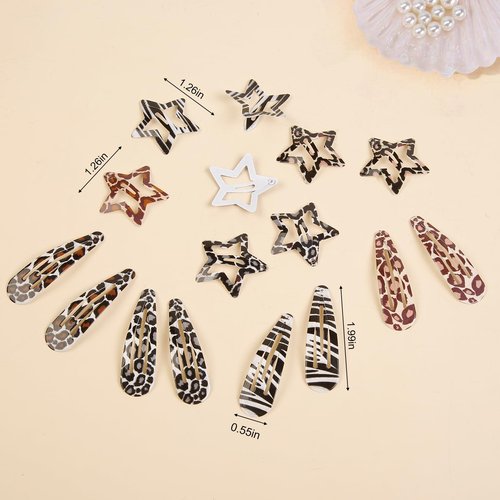 Metal Snap Hair Clips,8 Pairs Hair Barrettes for Women - Star & Water Drop Hair Barrettes, Non-Slip Y2K Accessories for Thin Thick Hair,Leopard and Zebra Print