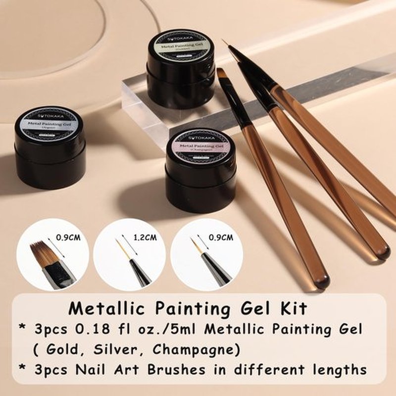 SUTOKAKA 3pcs Metallic Gel Nail Polish Set, Silver Gold Champagne Metal Painting Gel Mirror Chrome 3D Effect Glossy Soak off UV/LED Nail Glue for Home Salon DIY
