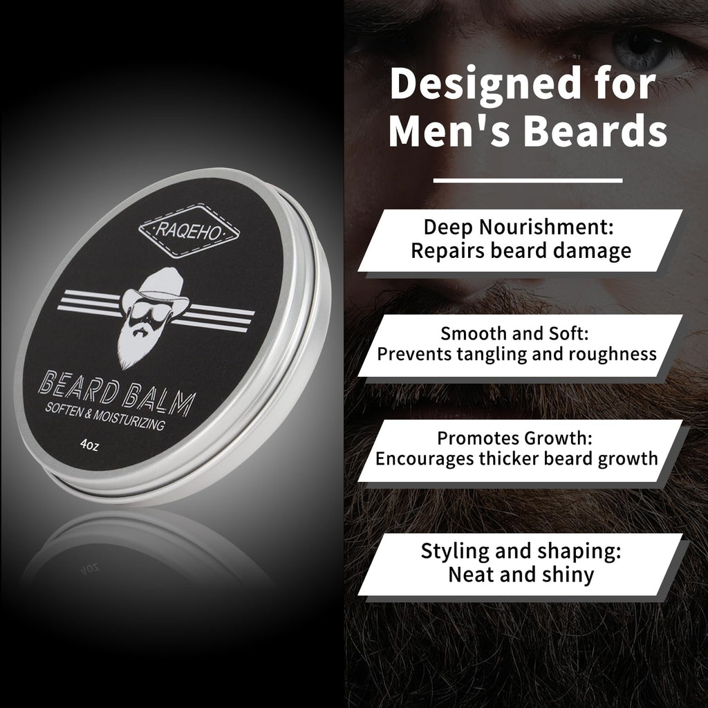 RAQEHO 4oz Beard Balm for Men - Mustache Wax Mens Beard Leave In Conditioner Butter Wax Cream Softener Shea Moisturizer Grooming Styling Dandruff Treatment Maintenance Gifts Care Products(Sandalwood)