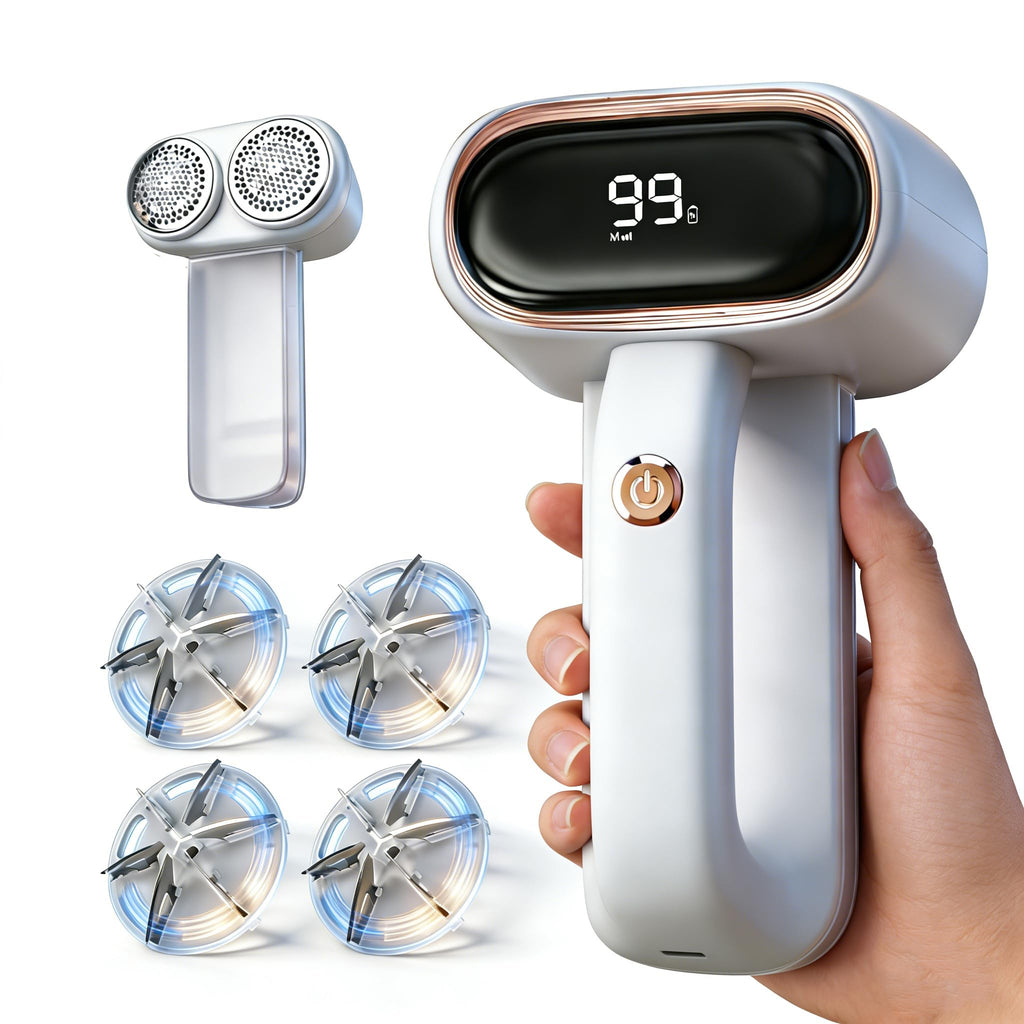 Fabric Shaver Lint Removers Rechargeable Sweater Shaver with Dual Head & LCD Display for Clothes Couch Pilling Furniture, 6-Leaf Blades Defuzzer, Pearl White, 1 Piece.