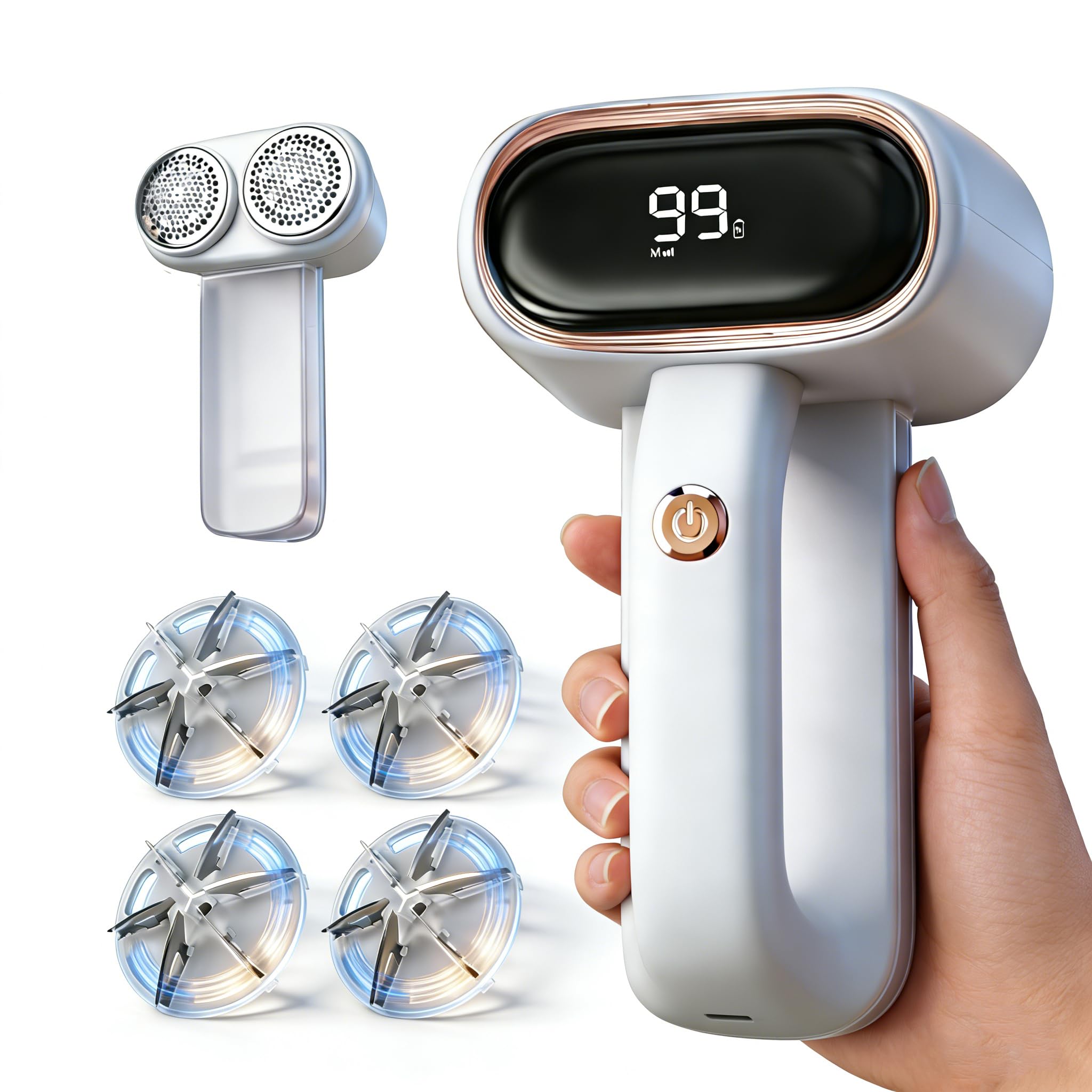 Fabric Shaver Lint Removers Rechargeable Sweater Shaver with Dual Head & LCD Display for Clothes Couch Pilling Furniture, 6-Leaf Blades Defuzzer, Pearl White, 1 Piece.