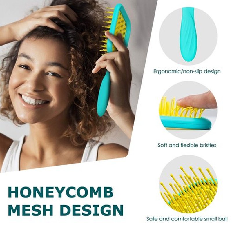 SHINLEA Curly Hair Detangling Brush with Soft Wave Bristles, Women Hairbrush for Thick Hair, Swimming, and Beach, Yellow Blue