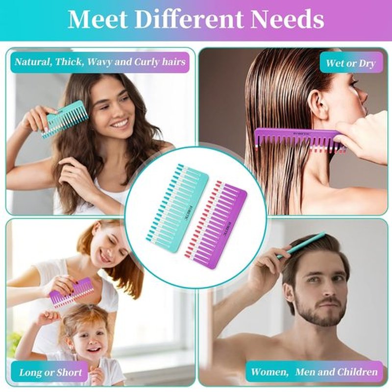 Skiennix 2-Pack Wide-Tooth Comb Set | Anti-Static Design for Curly & Wet Hair - Portable Travel Size (Purple & Blue)