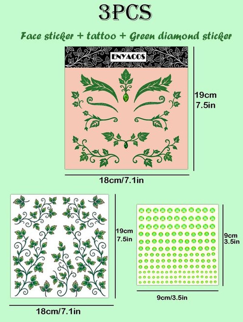 ENYACOS Ivy Face Sticker Set with Face Paint Temporary Tattoos and Green White Face Gems, Glitter Ivy Accessories for Halloween Costume, Cosplay Festival Makeup for Women Girls (A)