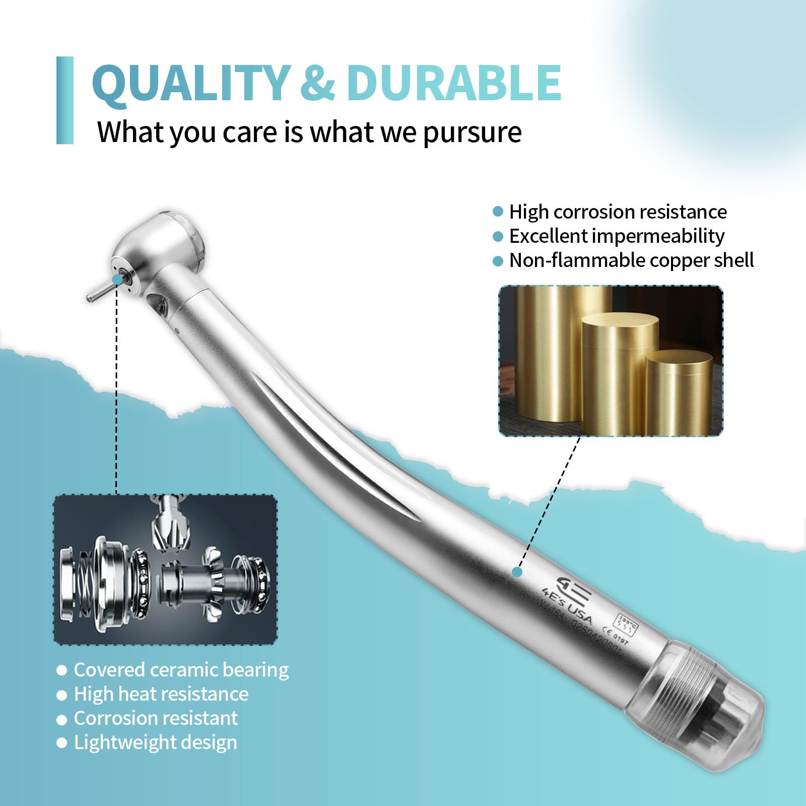 High Speed Handpiece 510(K) Approved with Std.Head ø12.6mm x H14.6mm: Dental Handpiece with Fiber-Optic LED Light, 4 Holes Coupling & Air-Turbine Motor: Perfect for Drilling, Grinding & Repairing