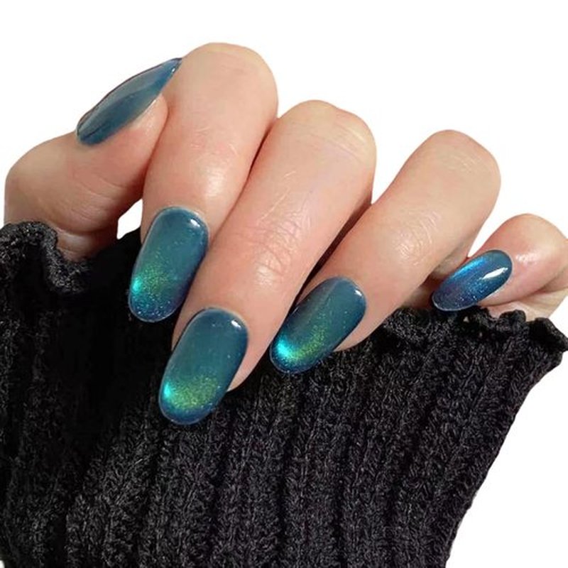Cat Eye Press on Nails Handmade Short Oval/Square/Round False Nails with French Tip/Aurora/Magnetic Shimmer Designs (Jelly#Ice Lake, Small)