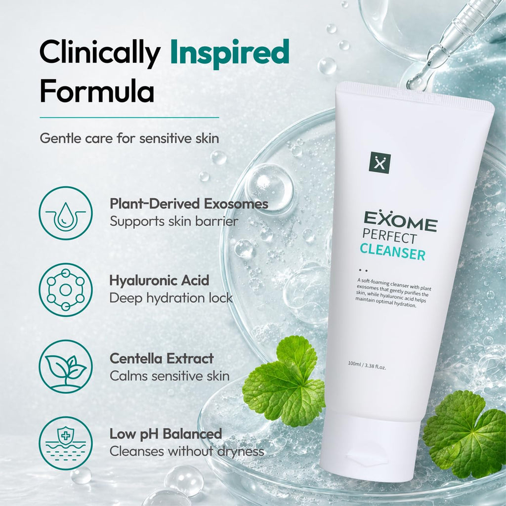 Exome Perfect Cleanser, Deep Moisture Hydrating Face Wash with 8 Types Hyaluronic Acid, Gentle Sebum Control & Impurity Removal, Low Irritation Fatty Acid Complex, Fresh Finish, 3.38 fl oz