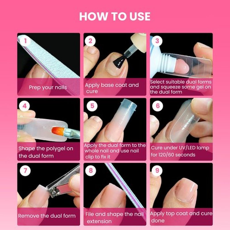 Polygel Nail Forms Kit for Toes,GlimightyX Reusable Toenails Dual Forms for Polygel with 1.35oz Nail Slip Solution Anti-Stick,with Dual-Ended Brush,Nail File and Nail Clips,12 Sizes 120Pcs
