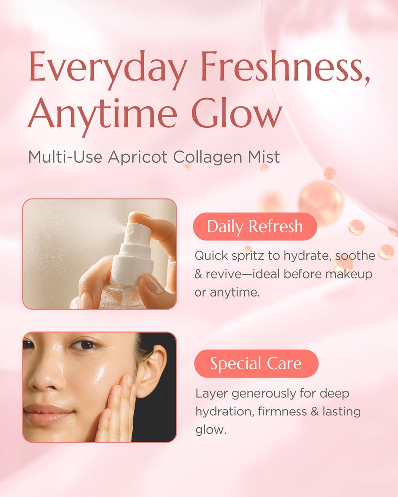 Vitkle Apricot Collagen Gel Serum Mist - Korean Face Moisturizer French Patented with 8-Layer Hyaluronic Acid, Bakuchiol, Adenosine for Hydration Glow Firming Anti-Aging Spray, 3.38 fl.oz.