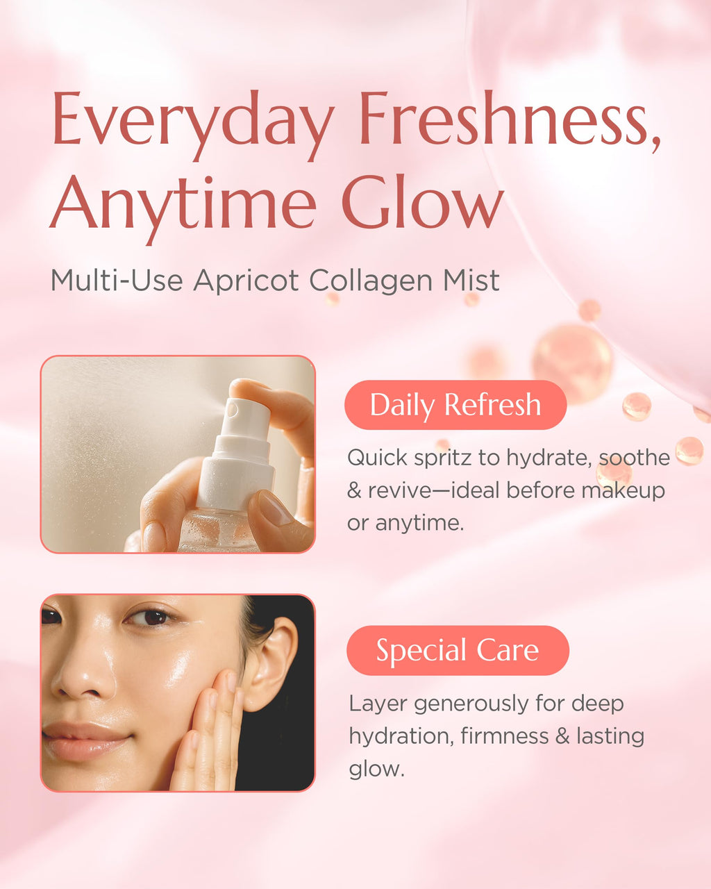 Vitkle Apricot Collagen Gel Serum Mist - Korean Face Moisturizer French Patented with 8-Layer Hyaluronic Acid, Bakuchiol, Adenosine for Hydration Glow Firming Anti-Aging Spray, 3.38 fl.oz.