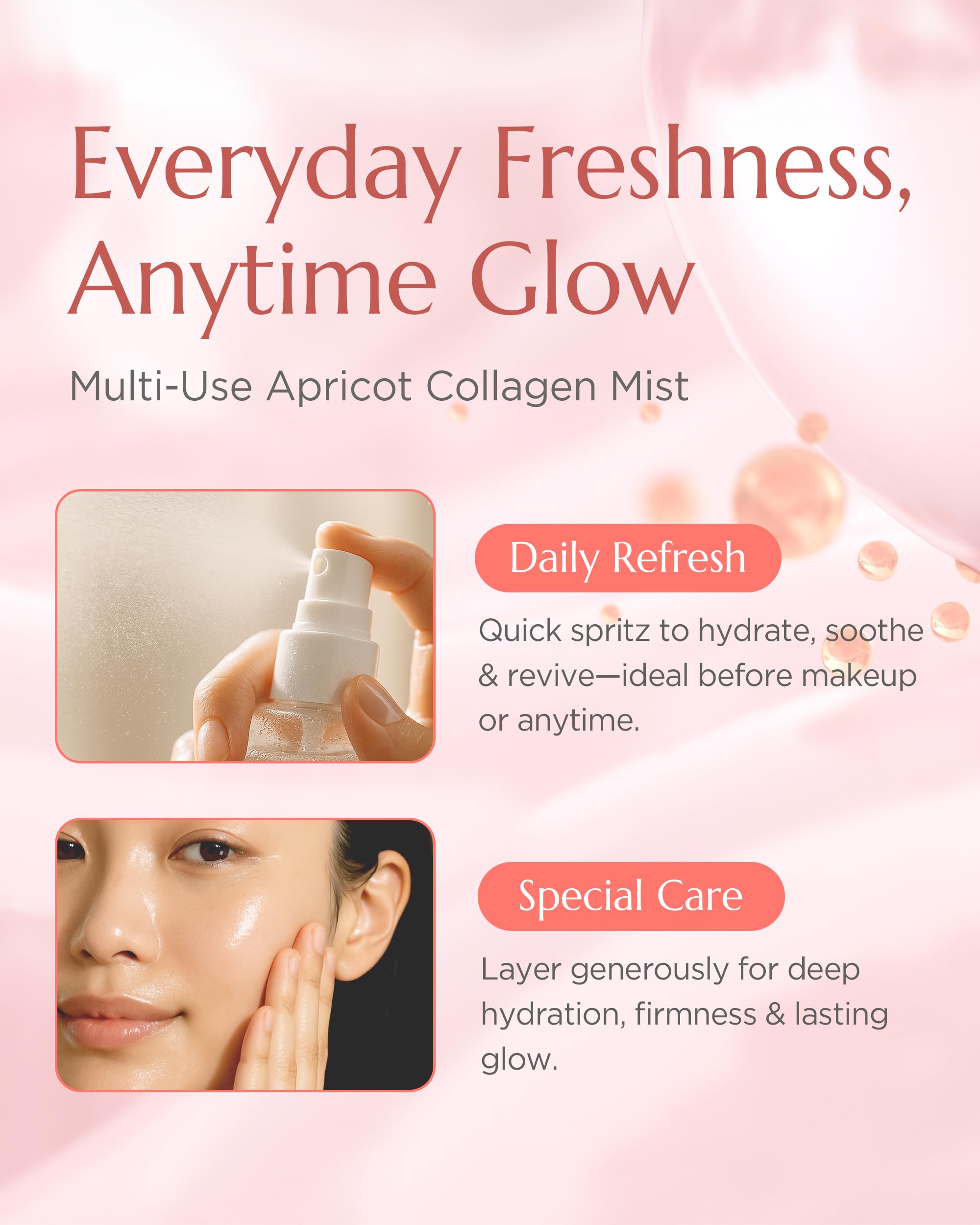 Vitkle Apricot Collagen Gel Serum Mist - Korean Face Moisturizer French Patented with 8-Layer Hyaluronic Acid, Bakuchiol, Adenosine for Hydration Glow Firming Anti-Aging Spray, 3.38 fl.oz.