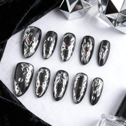 Gothic Metal Press on Nails Medium Almond Fake Nails Black Nails Press ons with Sivler Chrome Design Full Cover Stick on Nails for Women Manicure,Reusable | Nail Sticky Tabs | Easy Apply | 30Pcs