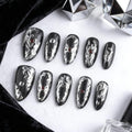 Gothic Metal Press on Nails Medium Almond Fake Nails Black Nails Press ons with Sivler Chrome Design Full Cover Stick on Nails for Women Manicure,Reusable | Nail Sticky Tabs | Easy Apply | 30Pcs