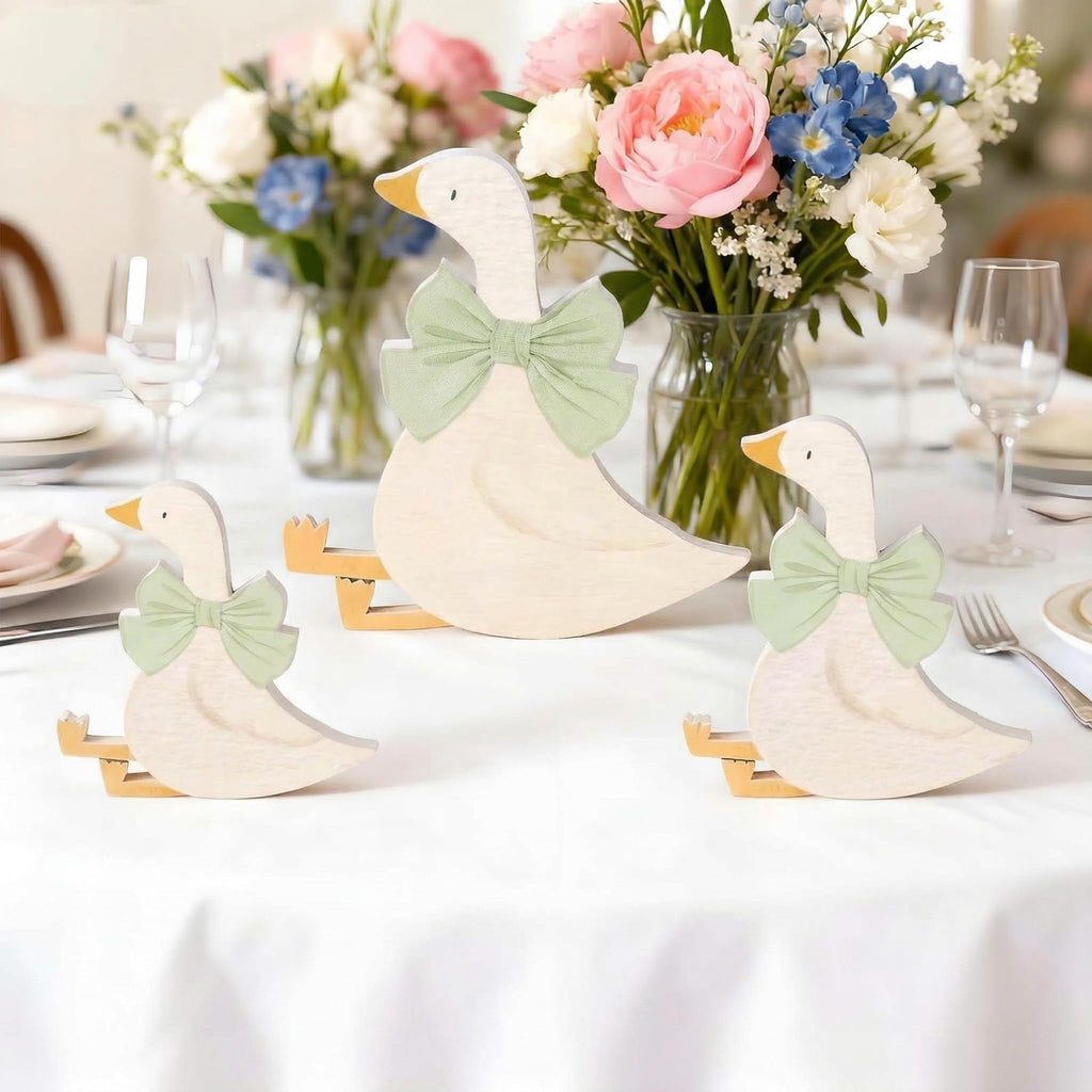 3PCS Silly Goose Birthday Party Decoration, Wooden Cute Goose with Pink Bow, Funny Table Centerpiece for Birthday Party Baby Shower, Desk Tiered Tray Decoration Rustic Farmhouse Gift, 5.9/4.7/3.9 Inch