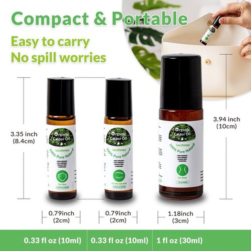 Leczhmyo Organic Castor Oil Roll on for Belly, Face, Body, Under Eyes– Certified Organic, Cold Pressed, Hexane Free, Unrefined – 3 Glass Bottle Pure Roller Ball Castor Oil to Moisturize Skin, Lips