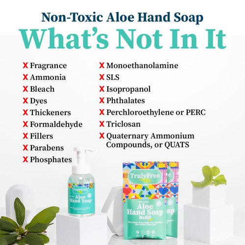 Truly Free Aloe Unscented Hand Soap - 10x Concentrated Aloe Vera, Non-Drying Gentle Cleanser - Bathroom Hand Soap - 1 Empty Bottle with Foaming Dispenser Pump + 2 Moisturizing Hand Soap Refill Pouches