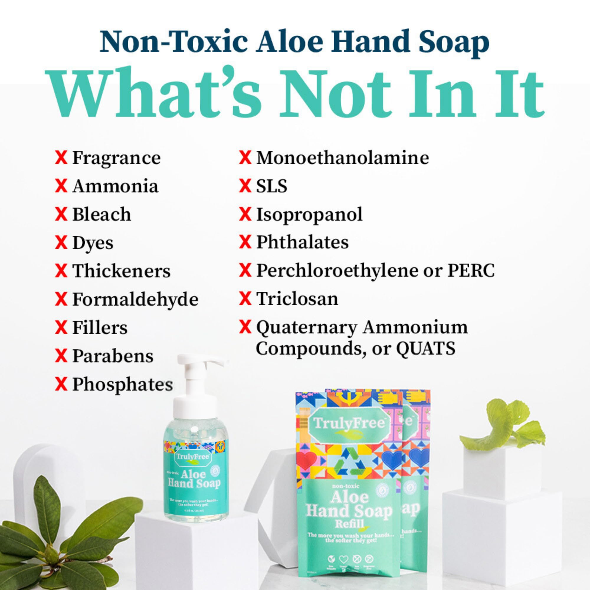 Truly Free Aloe Unscented Hand Soap - 10x Concentrated Aloe Vera, Non-Drying Gentle Cleanser - Bathroom Hand Soap - 1 Empty Bottle with Foaming Dispenser Pump + 2 Moisturizing Hand Soap Refill Pouches