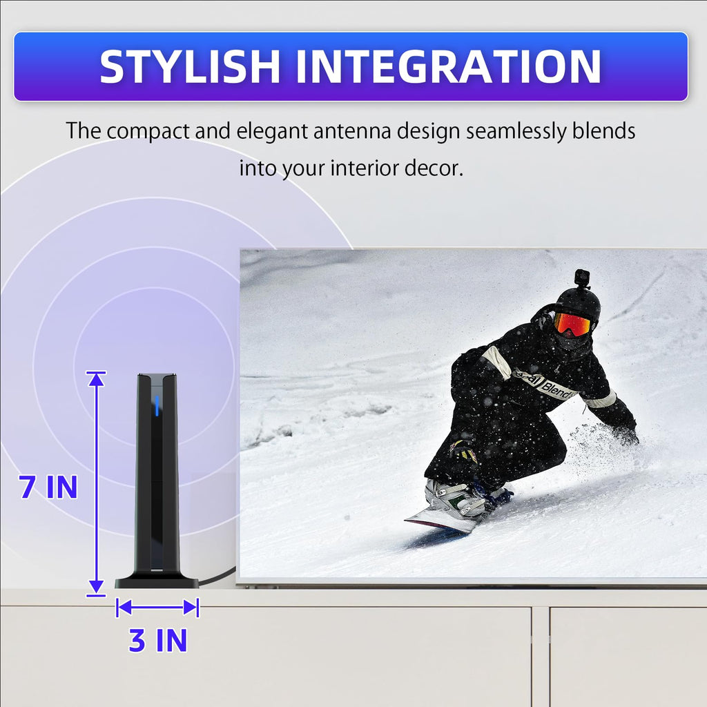 Digital Antenna for Smart TV Indoor, 2026 HD Antennas with 3M-Stick Base, 360°&Long Range Reception 4k 1080p for Local Channels, Easy Setup Antenna for TV Without Cable (Black)