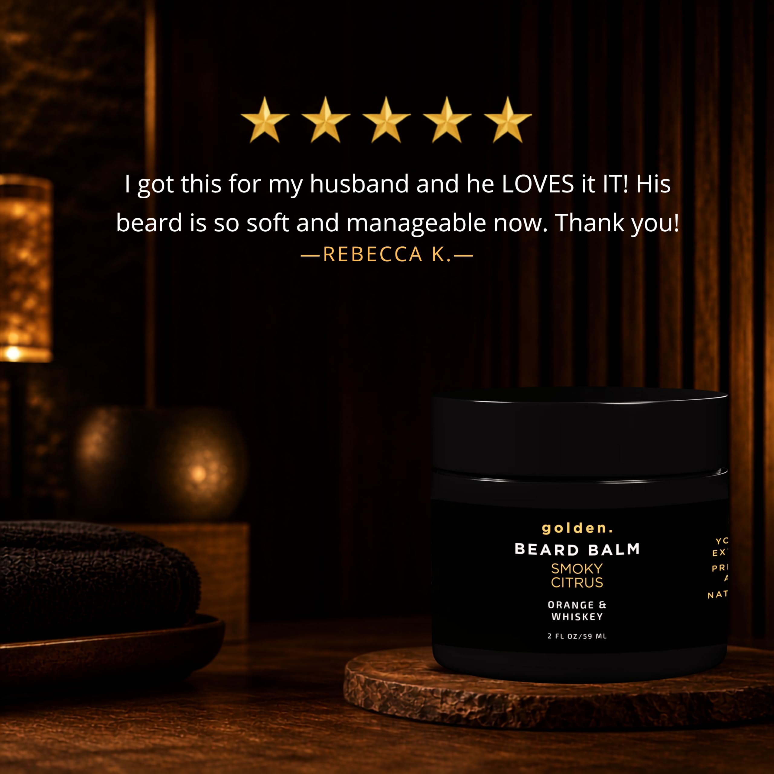 Golden Grooming Beard Balm - Tames Flyaways & Promotes Thicker Growth - Natural Styling Wax with Shea & Mango Butter - Relieves Beard Itch & Dandruff - Smoky Citrus, 2oz