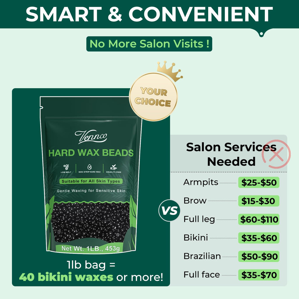 VENNCO Hard Wax Beads, 1lb Black Wax Beans for Hair Removal, Stripless Waxing Beads for Bikini,Chest Back and Full Body Use, Low Temperature Hard Wax Designed for Brazilian Waxing and Coarse Hair