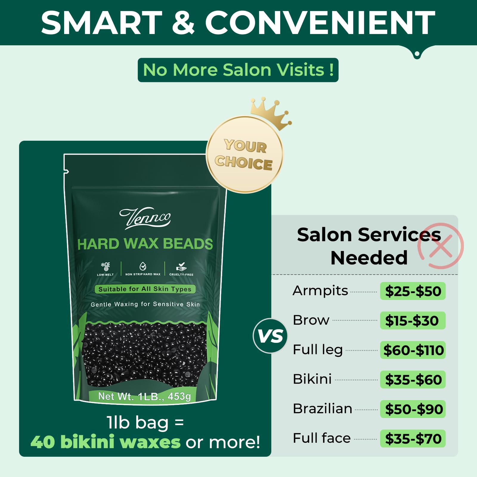 VENNCO Hard Wax Beads, 1lb Black Wax Beans for Hair Removal, Stripless Waxing Beads for Bikini,Chest Back and Full Body Use, Low Temperature Hard Wax Designed for Brazilian Waxing and Coarse Hair