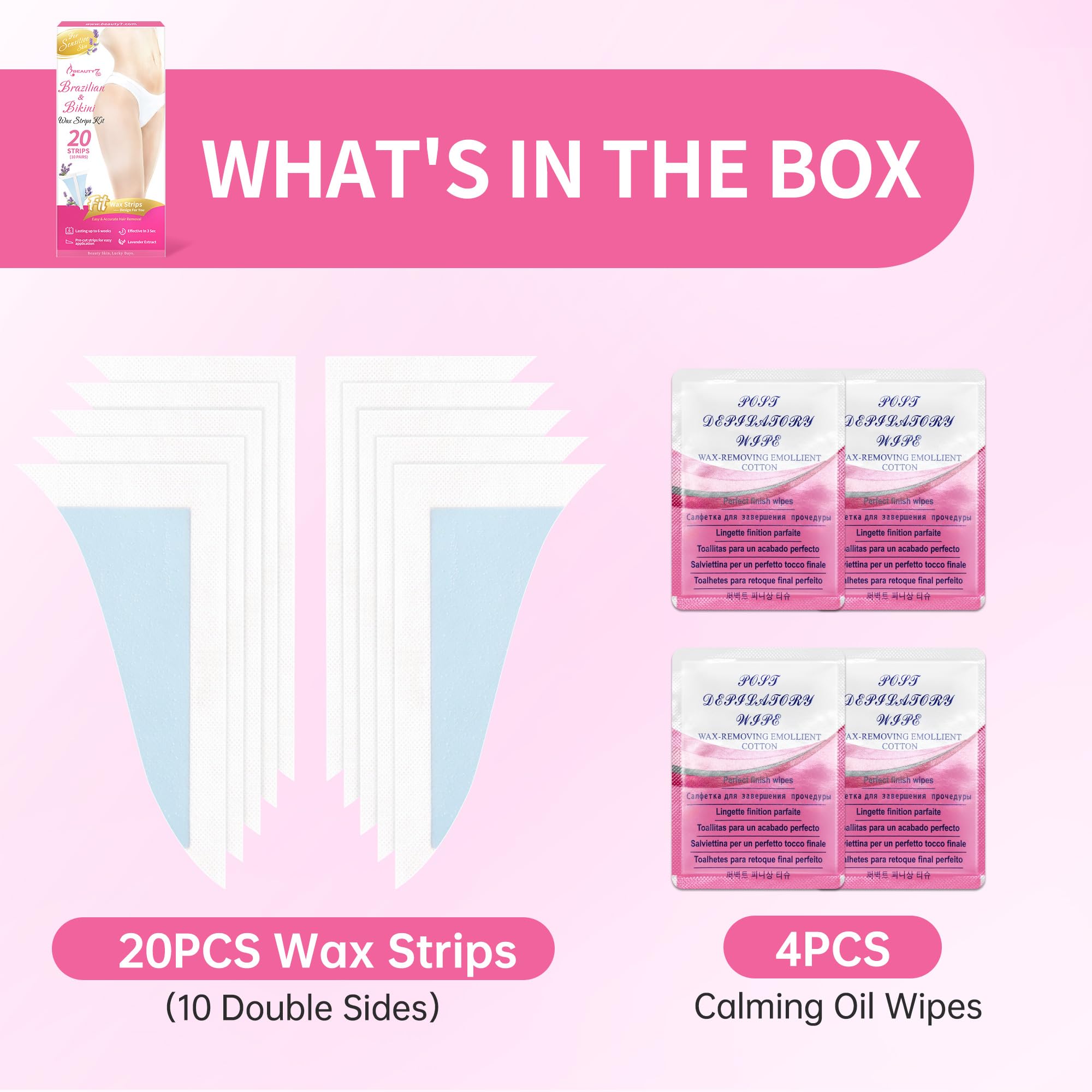 Beauty7 Bikini Wax Strips, Ready to Use Body Wax Strips, at Home Waxing, 20 Strip for Bikini, 4 Calming Oil Wipes for Sensitive Skin Types for Women