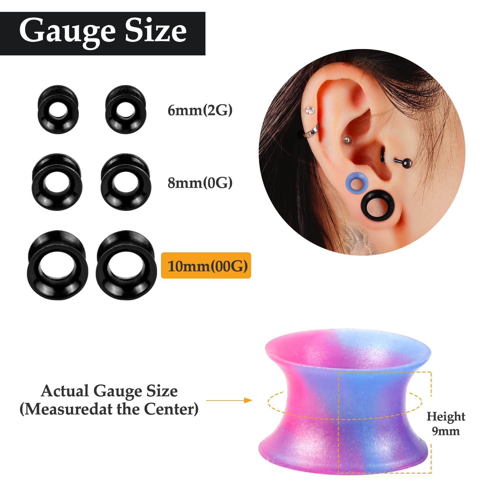WINSENET 20 Pairs Silicone Ear Gauges Flexible 00G Ear Tunnels Gauges Soft Expander Ear Plugs Double Flared Ear Pierings for Men Women 10mm