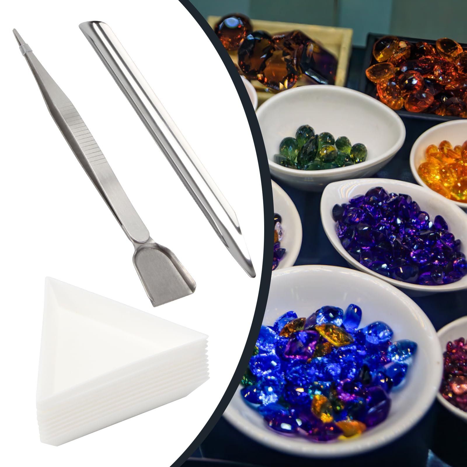 Kcgani 12 Pcs Craft Jewelry Bead Diamond Scoop Set, White Jewelry Shovel Set Triangle Sorting Trays and Silver Handy Tweezer with Scoop, Craft Beading Tweezers for Pearls Gemstones Tools Supplies