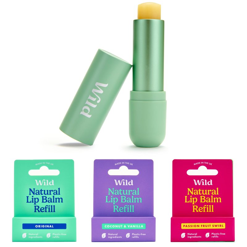 Wild Refillable Lip Balm Starter Kit - Includes Sage Green Aluminum Case & 3 Pack Lip Balm Refills in a Variety of Scents - Includes Passionfruit Swirl, Coconut and Vanilla & Original Scents