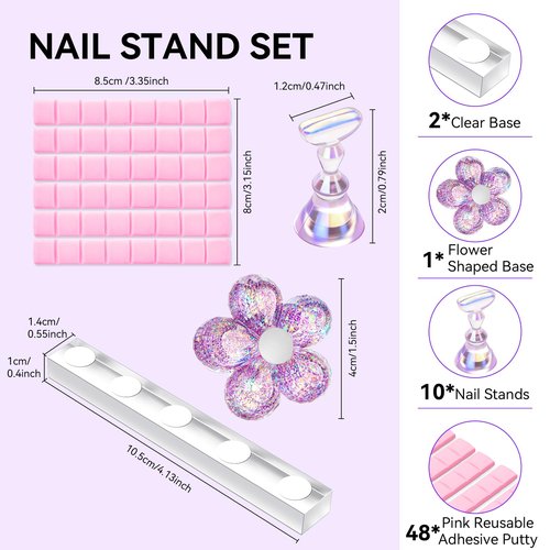 Makartt Nail Stand: Nail Holder for Painting Nails DIY, Magnetic Press on Stand Pink and Purple for Art Display Practice, Purple Glitter Flower Fake Holder for Home Salon with Reusable Adhesive Putty