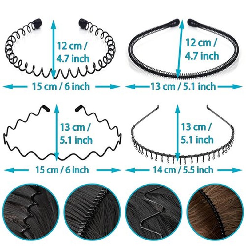 KELUBATU Metal Headband for Men, Unisex Black Wavy Spring Hair Band, Zig Zag Head Band, Fashion Elastic Hair Accessories, Multipack Options Available(8pcs)