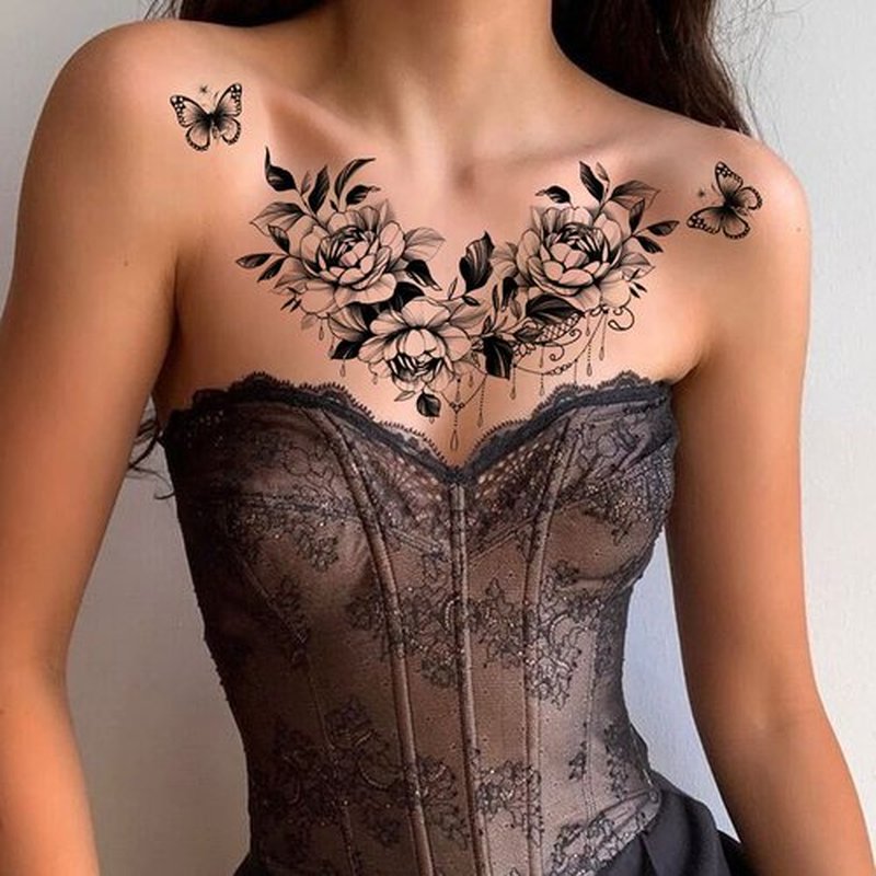 ROARHOWL Women Sexy Temporary Tattoo Sexy Tattoo Set Beautiful Exquisite 3D Realistic Flowers, Butterfly, Abdominate, Chest, Waist and Back Applied Fake Tattoo for Girls ((Design 3))