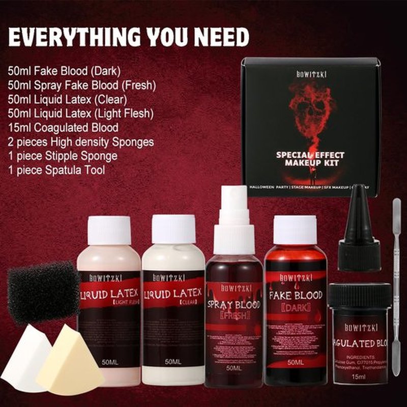 Bowitzki Fake Blood & Liquid Latex Kit,Pro SFX Makeup Set with 50ml Dark Fake Blood, 50ml Fresh Spray Blood, 2pcs Liquid Latex,Coagulated Blood, Sponge & Spatula for Halloween, Cosplay