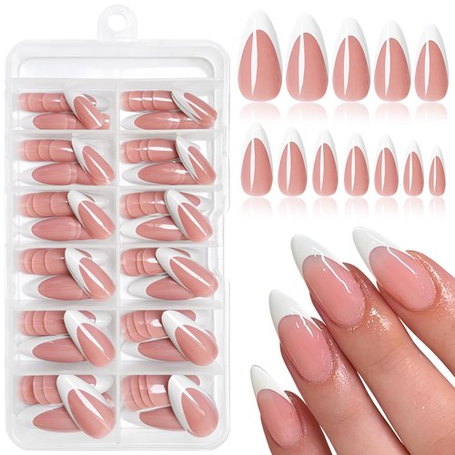 Lifextol 120pc White French Tip Press on Nails Medium Fake Nails Press ons &Adhesive Tab, False Acrylic Nail Press on Nail Almond Nail Tips Artificial Glue on Nails Fingernail Stick Nails