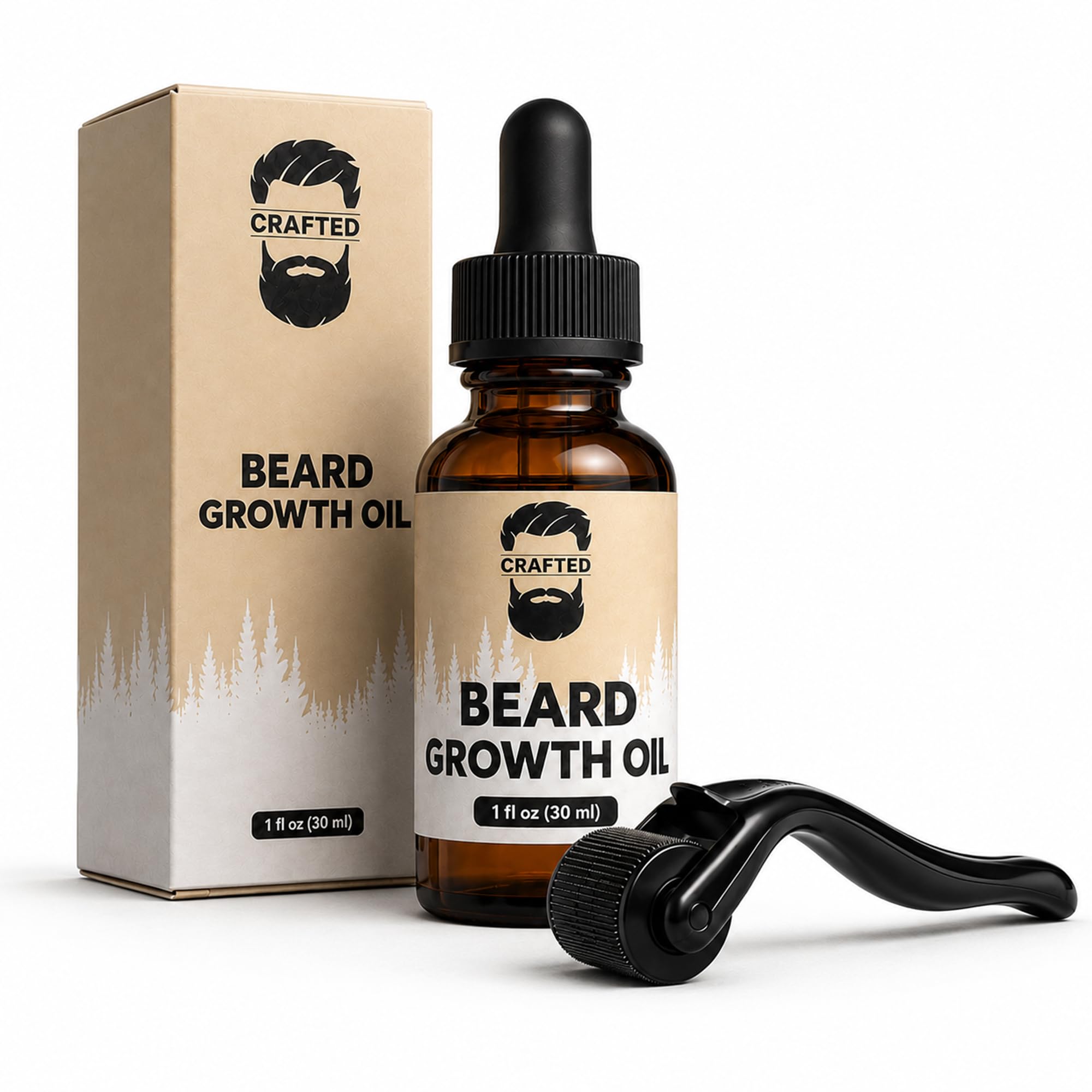 Crafted Beard Growth Kit - Grow a Thicker, Fuller Beard - Complete 3-Month Set with Oils, Roller, and Vitamins (1 Month Kit)