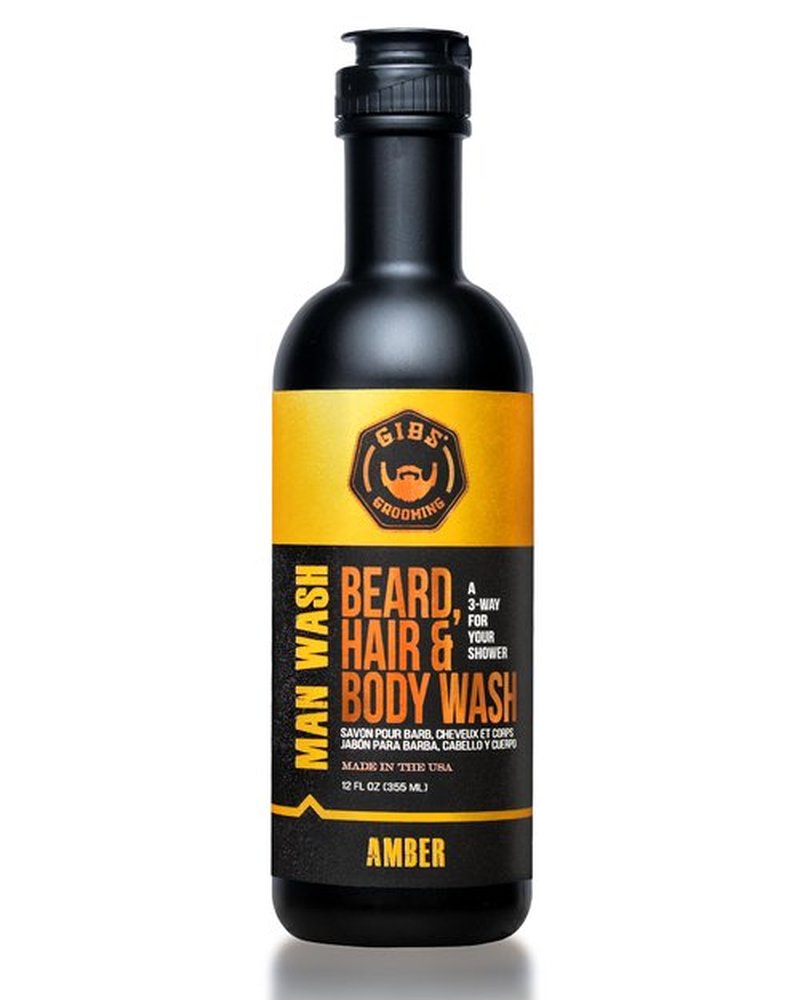 GIBS Grooming - Amber Man Wash (12 fl oz) 3-in-1 Beard, Hair, Body Soap - Citrus, Oak, Basil Scent - Sulfate Free - Tea Tree Oil, Hemp Oil, Protein - Mens Body Wash & Mens Shampoo - Made in USA