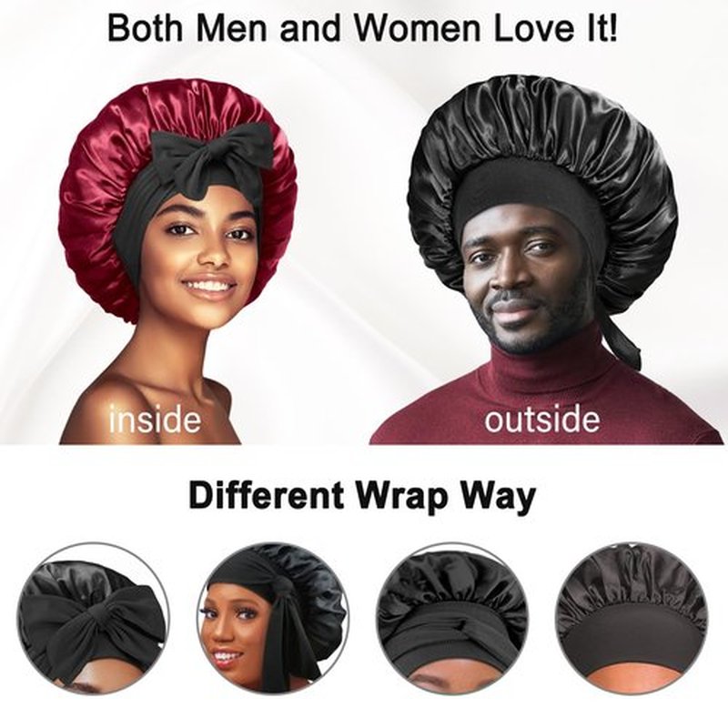 Double Layered Silk Satin Bonnet with Tie for Sleeping Black Women, Wide Band Large Hair Wrap Sleep Cap Bonnet for Curly Hair Braid, Black Wine-Red