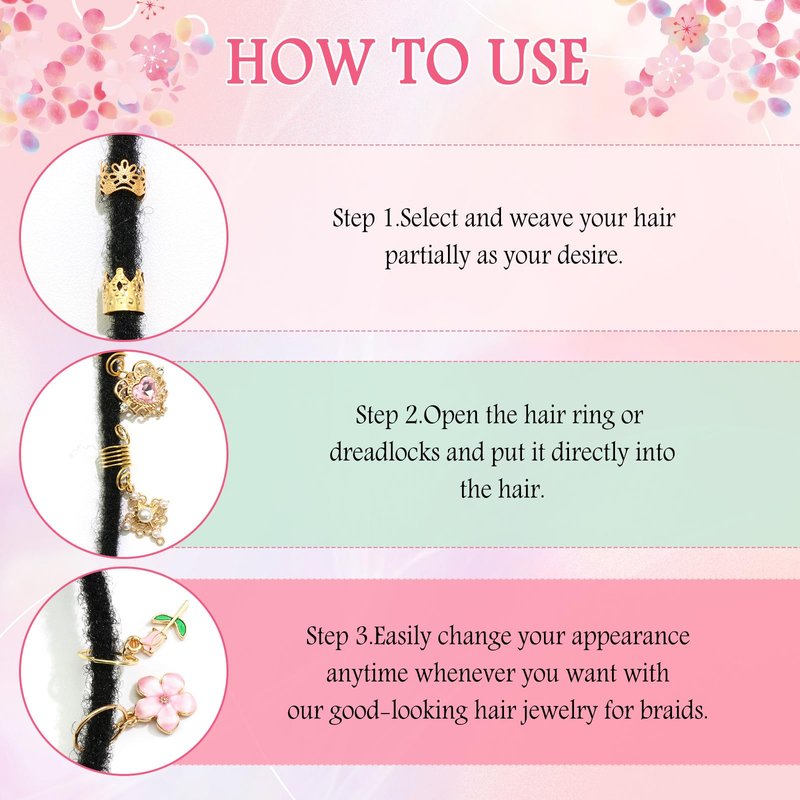 VENOFEN 36PCS Pink Crystal Hair Jewelry Butterfly Braids Clips Flower Loc Jewelry Pearl Hair Charms Gold Hair Cuffs Rings Valentine's Day Braids Accessories for Women and Girls