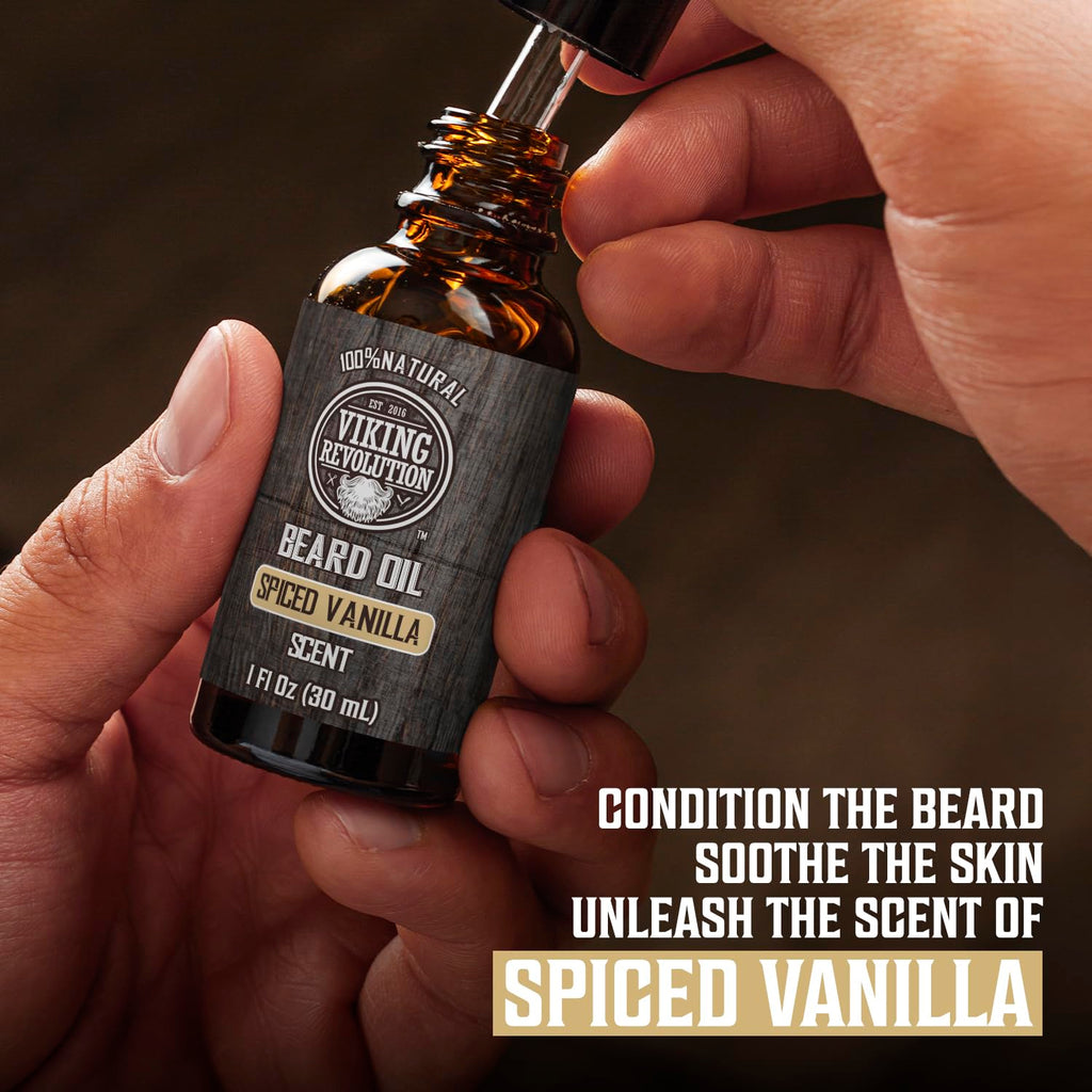 Viking Revolution Spiced Vanilla Beard Balm for Men (2oz) and Beard Oil (1 fl oz) Kit - With Argan and Jojoba Oils - Soften and Moisturize - Stocking Stuffers for Men