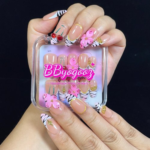 Handmade Press On Nails, 3D Flower Cherry Blossom Design, Medium Almond Shape, Nude Pink with Black Zebra Tips, Reusable Acrylic False Nails (Wild Garden, M)