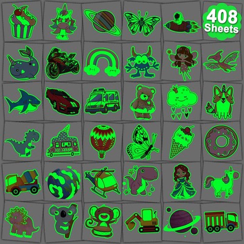 CHARLENT 408 PCS Individually Wrapped Luminous Temporary Tattoos for Kids - Glow in The Dark Mixed Tattoos for Kids Birthday Party Favors Goodie Bag Fillers