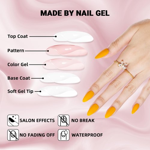 Press On Nails Medium Almond, WOOYAS Yellow Orange Fake Nails Solid Color False Nails, Matte Artificial Yellow Nails Kit with Nail Glue, Reusable Stick On Nails for Women Girls 24Pcs