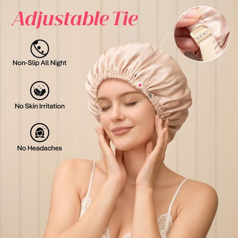 CoolMate Adjustable Satin Silk Bonnet for Sleeping Women, Tie Double Lined Silk Bonnet for Women Long Hair (Light Pink & Beige)