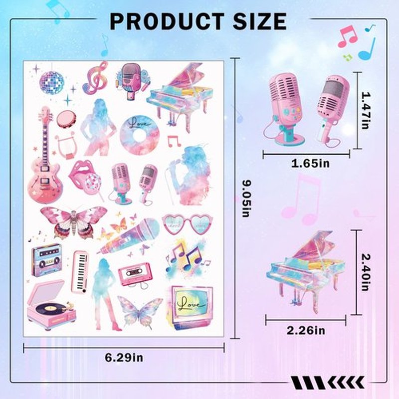 Music Party Temporary Tattoos for Fans - 8 Sheets 200 Styles Music Merch Gifts Birthday Party Favors Decorations Female Pop Singer Album Hand Face Fake Tattoo Stickers for Fans Concert Decor