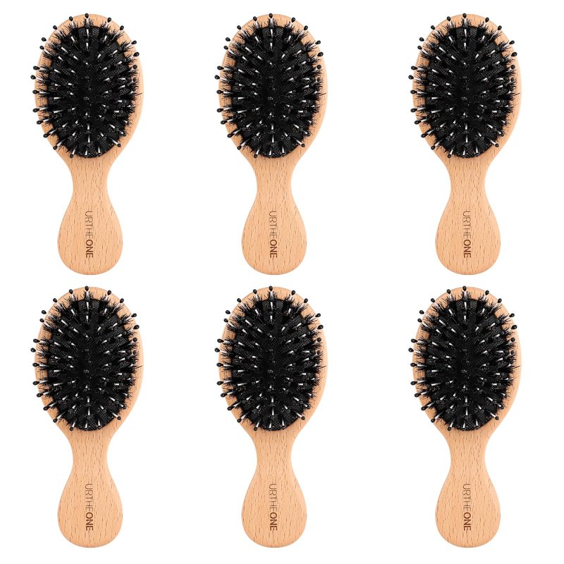 URTHEONE 6 Pcs Hair Brush Mini Boar Bristle Hairbrush, Pocket Travel Small Paddle Hair Brush for Men Women Kids Thick Curly Thin Long Short Wet or Dry Hair Detangle Massage Add Shine