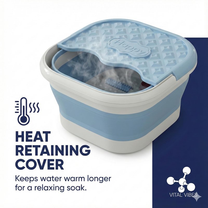 Vital Vibes Collapsible Foot Spa Bath Massager – Large Foot Soaking Tub with Heat Cover & Rollers – Professional Pedicure Kit for Callus Removal, Pain Relief & Soaking – Includes Epsom Salt