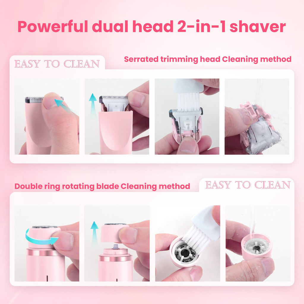 Bikini Trimmer for Women-2 in 1 Dual Head Electric Razors,USB Rechargeable Bikini Electric Shaver,IPX7 Waterproof Dry & Wet Use Body Hair Trimmer and Facial Hair Remover for Underarm Leg Body,Pink